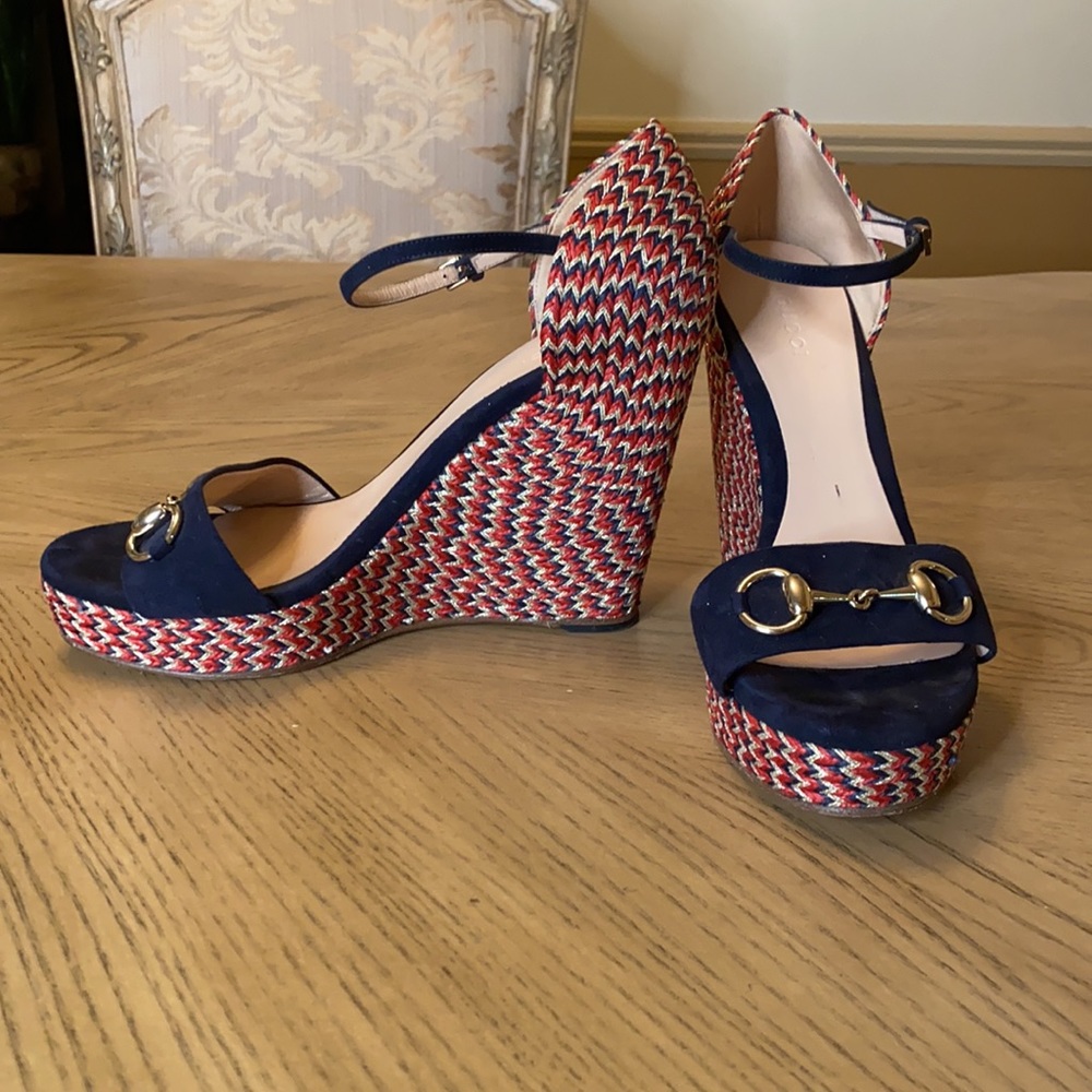 ❤️ Authentic Gucci Blue Suede Horsebit Espadrille Wedge Heels - Picture 8 of 11